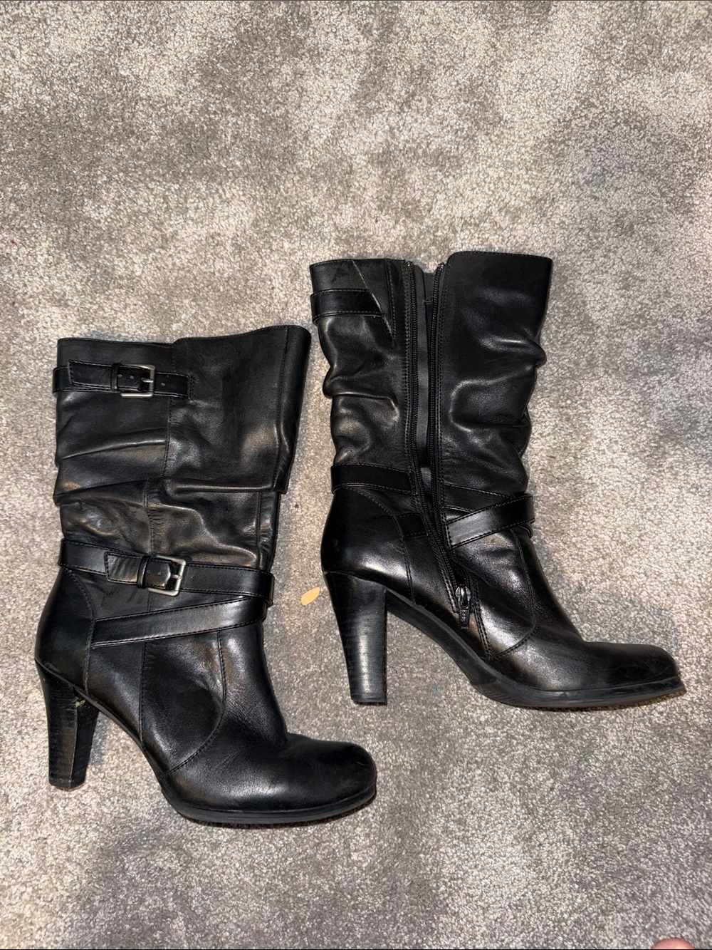 Elegant Black Slouch Mid-Heeled Boots with Side Zipper